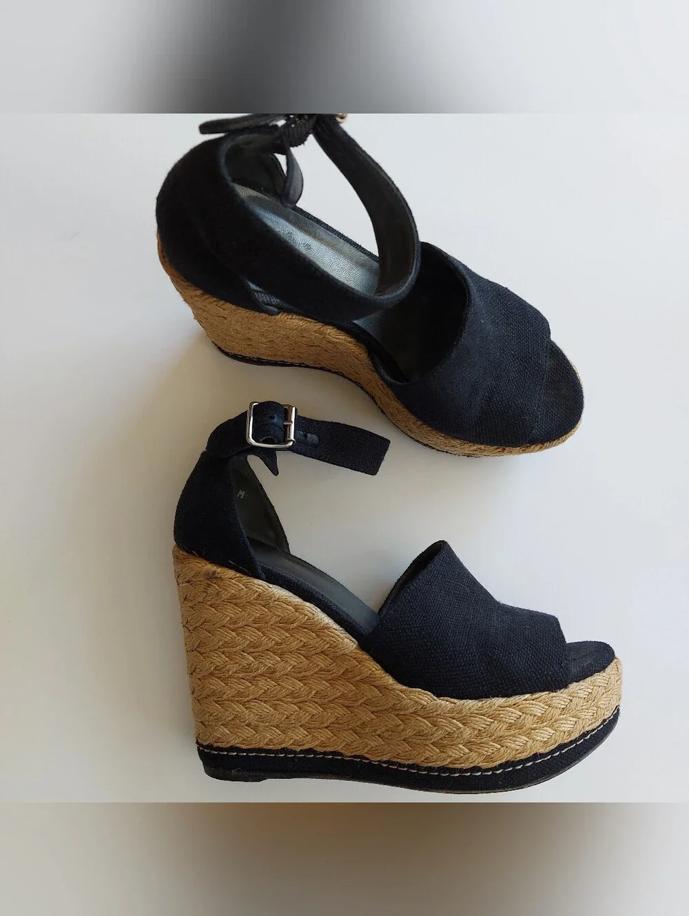 Stuart Weitzman Black Wedge Espadrille Sandals with Ankle Buckle size 6.5